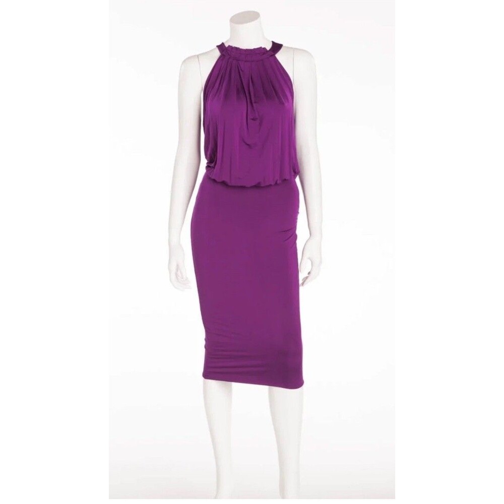 GUCCI Purple Magenta Halter Neck Draped Blouson Fitted Pencil Midi Dress Size M